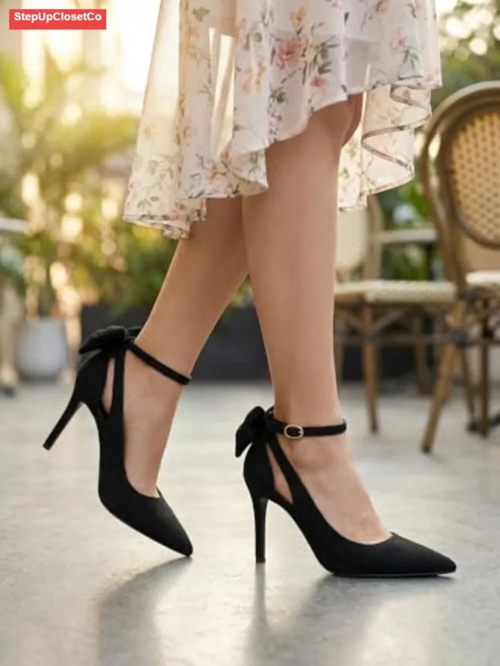 Women's Pointed Toe Bow Tie High Heels Ankle Strap Wedding Pumps - 4 Inch